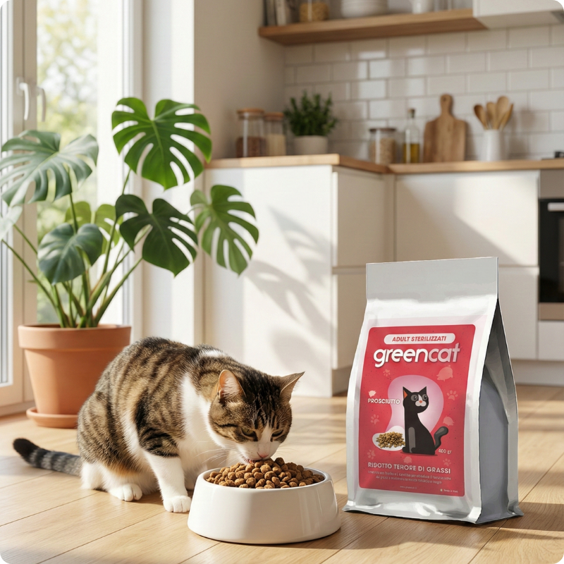 Croccantini Greencat Sterilised – supporto metabolismo e controllo peso gatto Alimento secco Greencat Sterilised al prosciutto per gatti sterilizzati – formula peso forma