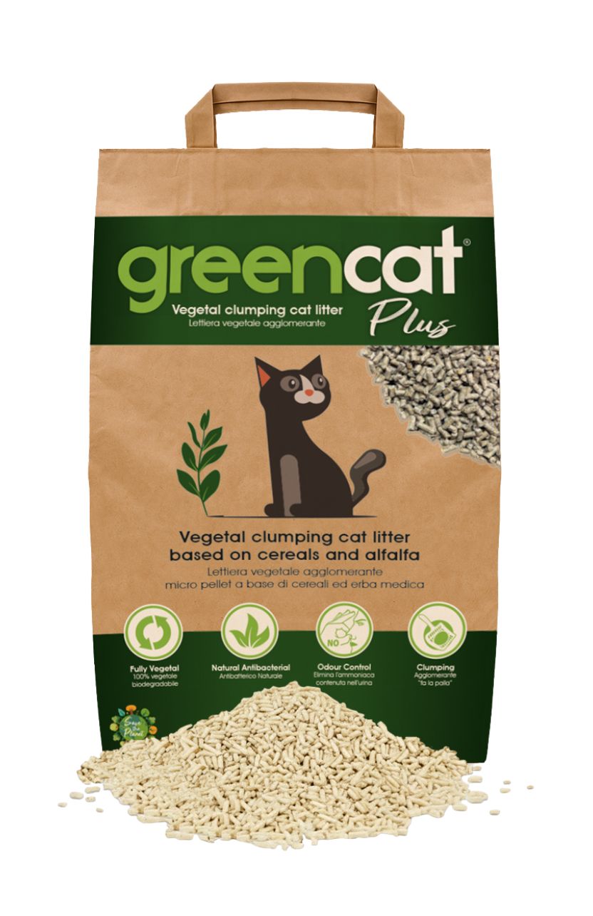 Confezione da 5 litri di lettiera GreenCat Plus ai cereali con controllo odori