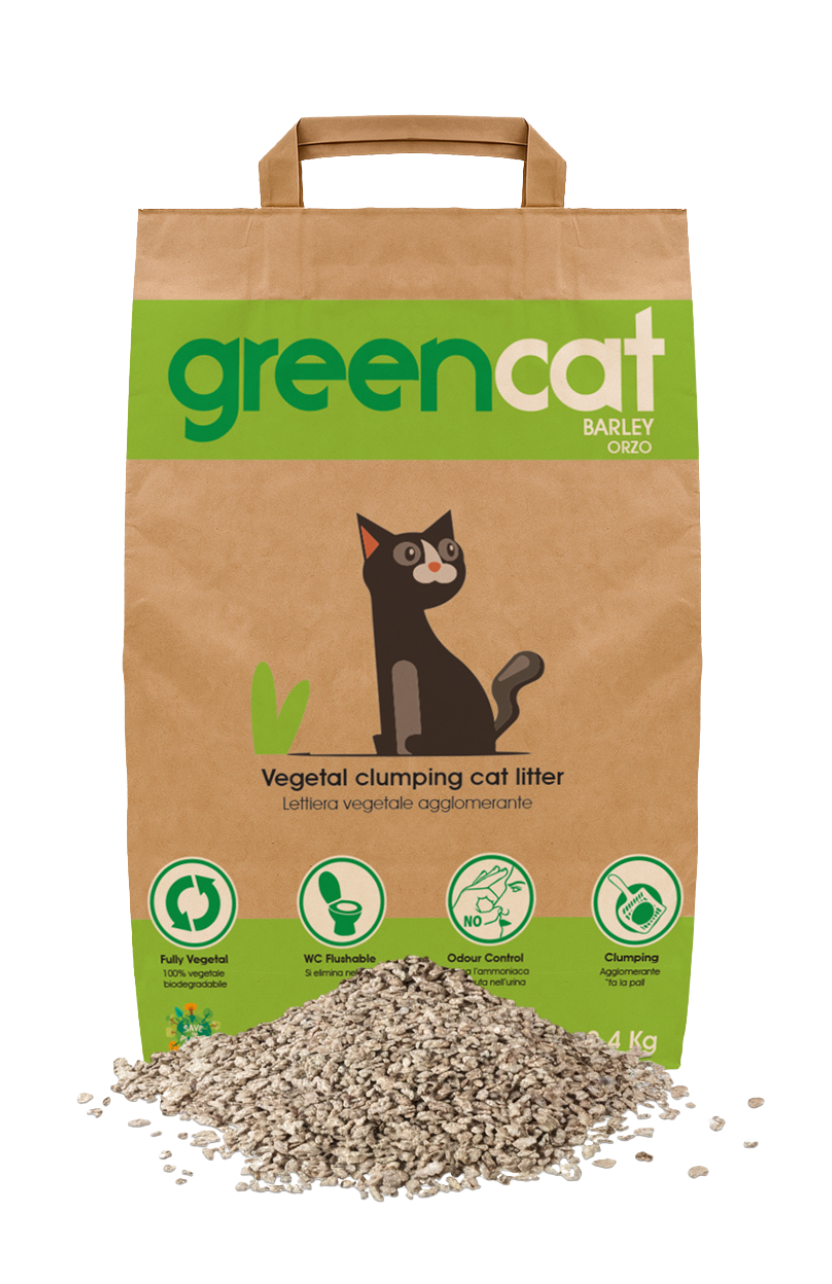 Lettiera per gatti a base d'orzo 100% vegetali e super agglomeranti.